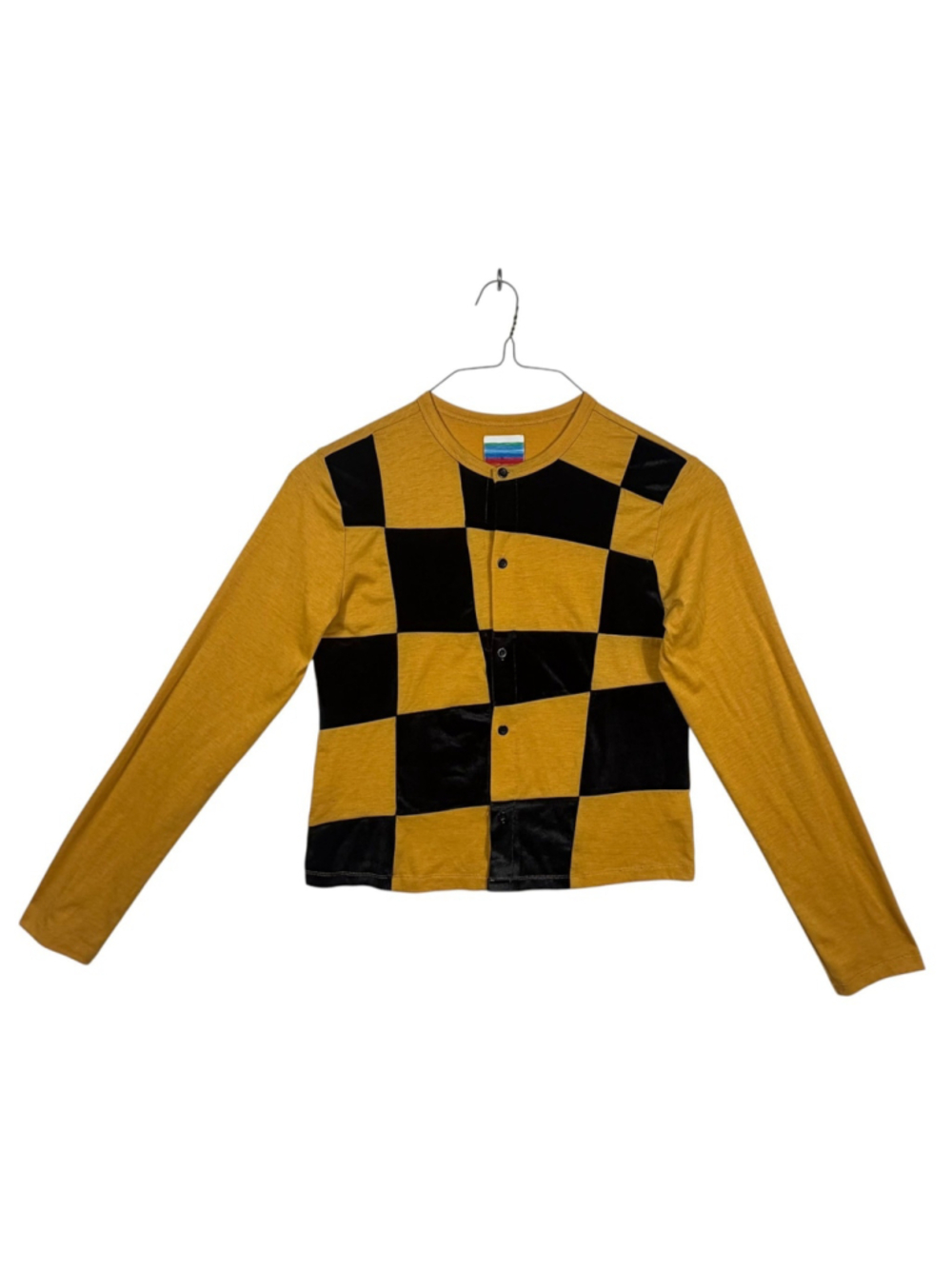 Unif Shirt Yellow Black Stretch Check Knit Long Sleeve Button Front Womens Large